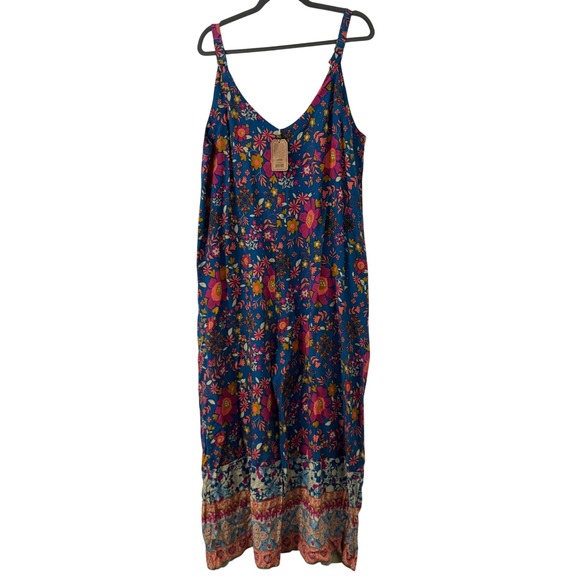 Natural Life Wide Leg Jumpsuit L Blue Floral NWT Boho Festival Pockets - Picture 5 of 6